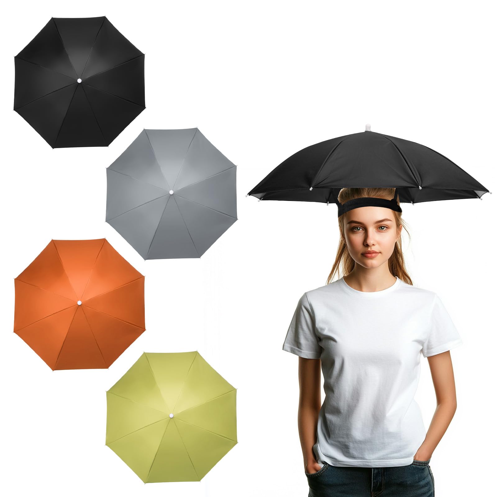 YELARXI Umbrella Hat, Fishing Hat Hands Free Waterproof Adjustable Sun Rain Cap Hat with Elastic Band Fit for Women Men Fishing Camping Gardening Beach (4 Pack, Black/Gray/Orange/Green)