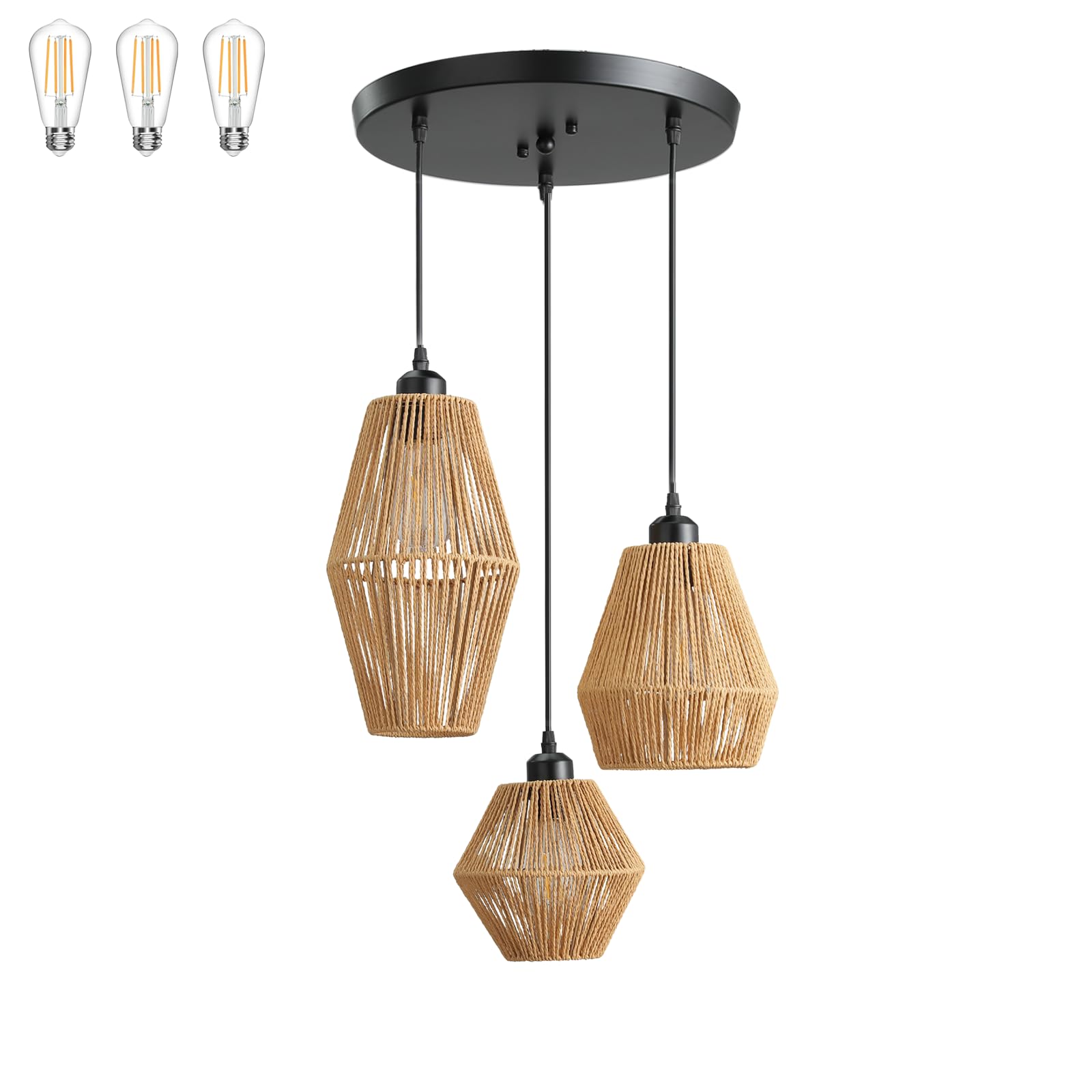 3-Light Rattan Pendant Light,Hand Woven Boho Chandelier,Wicker Pendant Light Fixture,Kitchen Dining Room Chandelier over table,Hanging light for Living Room,Entryway,LED Bulbs Included