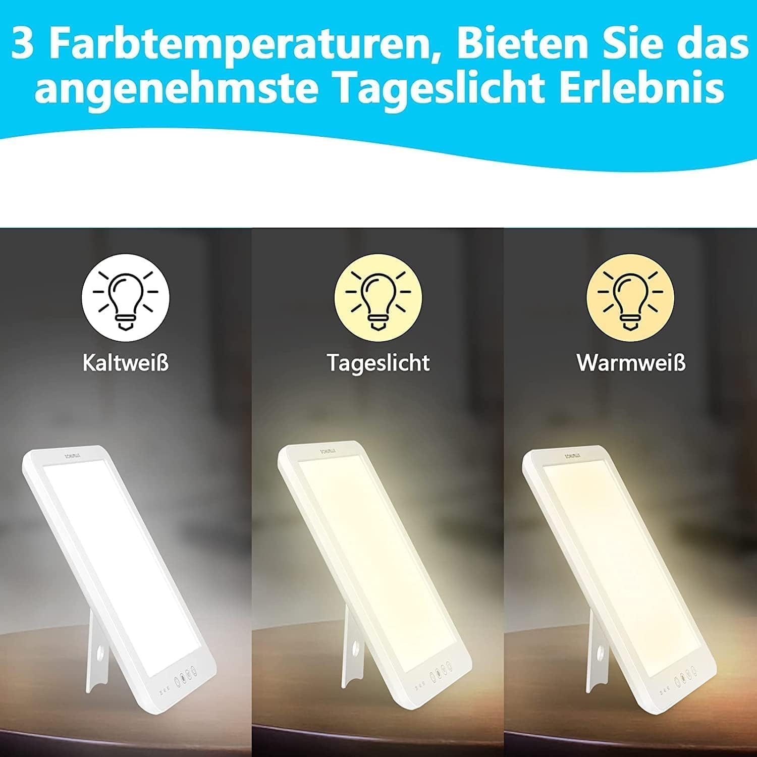 Lámpara de fototerapia sin UV de 10000 lux con brillo ajustable Lámpara a con 3 temperaturas de color y 3 temporizadores