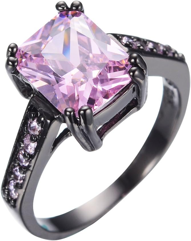 Sz5-11 8 * 10MM Emerald Cut Pink Topaz Black Gold Ring 8Prongs Round CZ Size5