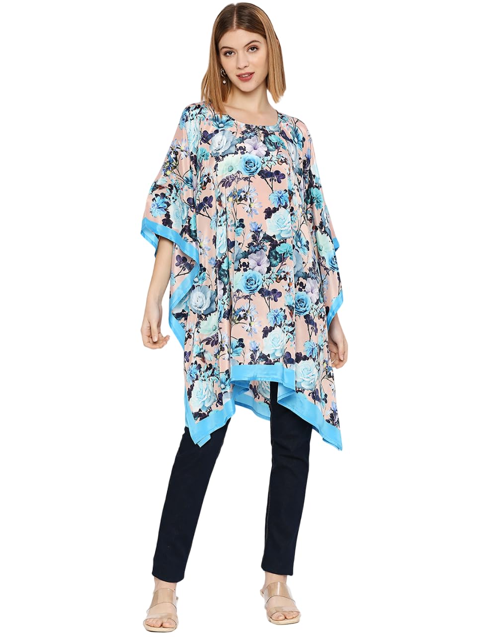 Women Stylish Peach Multicolored Floral Printed 100% Polyester Dress Kaftan, Lounge in Luxury: Discover Comfort and Style in Women's Kaftans-image-35