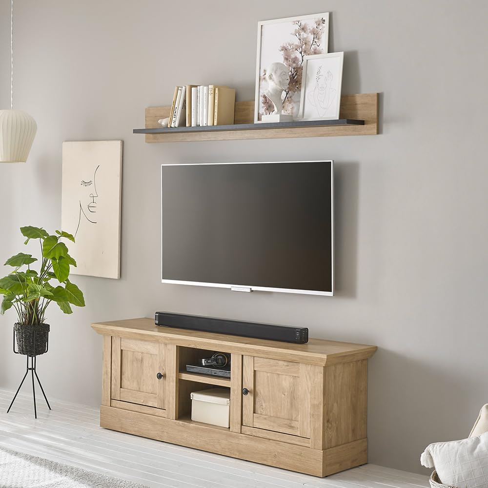 Lomadox Wohnwand Wohnzimmer-Set in Eiche mit schwarz 2-teilig, Landhausstil, 1 Lowboard & 1 Wandboard