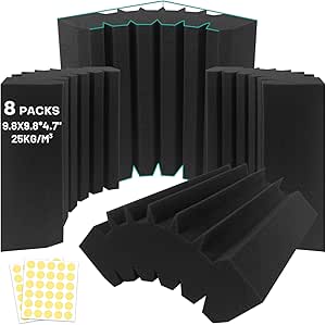 8 Pack Acoustic Foam Corner Bass Traps, 9.8x9.8x4.7 inches, Black, High Density, Fire-Retardant Studio Sound Absorbers
