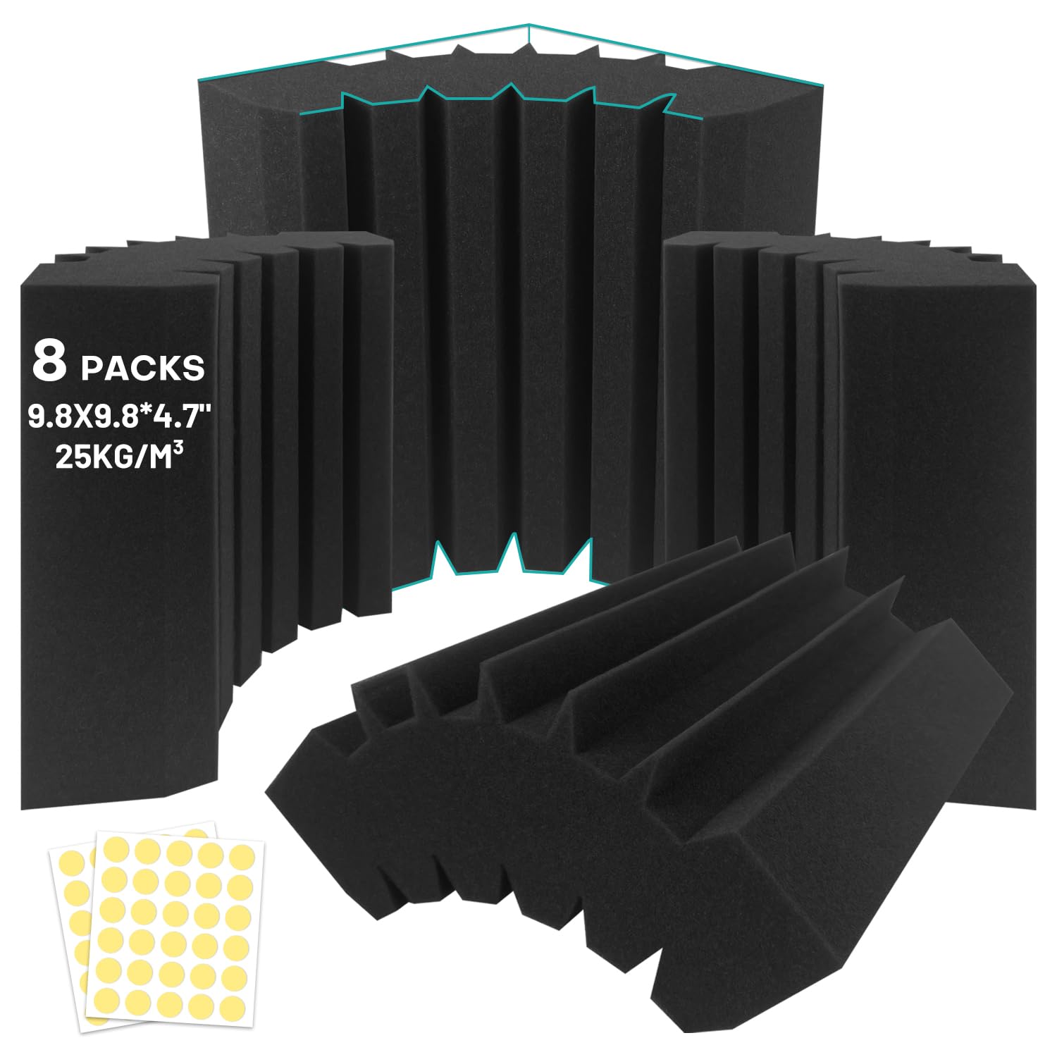 8 Pack - Bass Traps Acoustic Foam Corner, 9.8x9.8 * 4.7'' Black Bass Traps Corner Studio Foam, High Density and Fire-Proof Bass Traps Acoustic Panels Recording Studio Acoustical Treatments