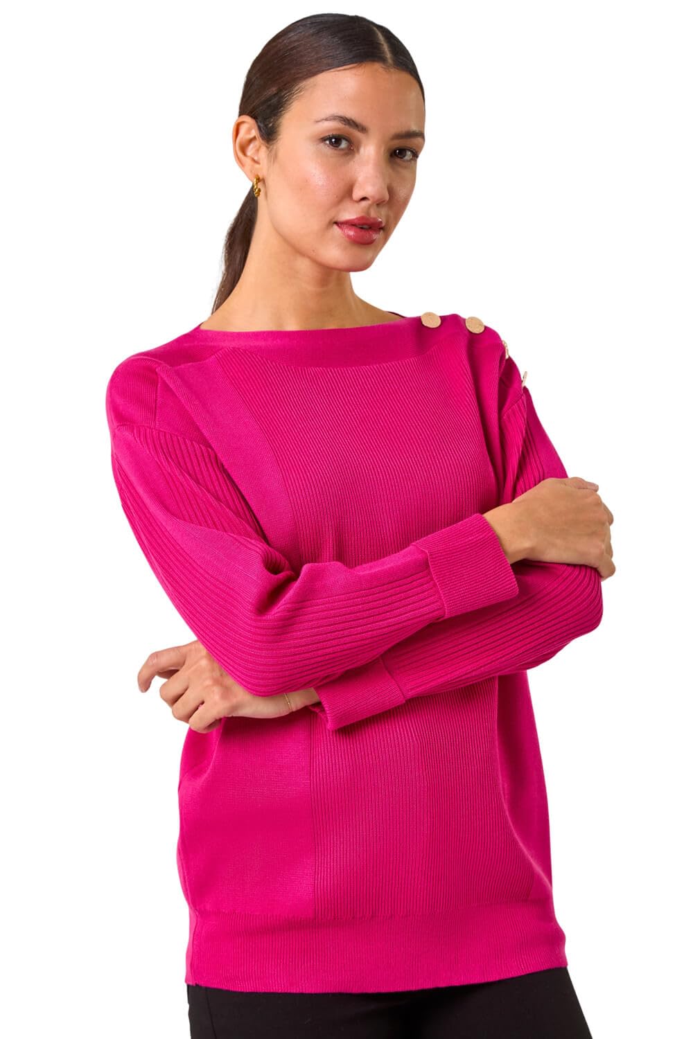 Roman Women's Rose Slash Neck Button Detail Knit Jumper Size 12