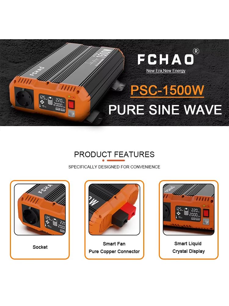 Przetwornica 12V na 230V | Czysta sinusoida |1600W-2500W| Inwerter samochodowy z gniazdem EU i wyświetlaczem LCD | Do ciężarówek, kamperów, domu | Pilot zdalnego sterowania (kabel 3M) (PSC1500W-12V)
