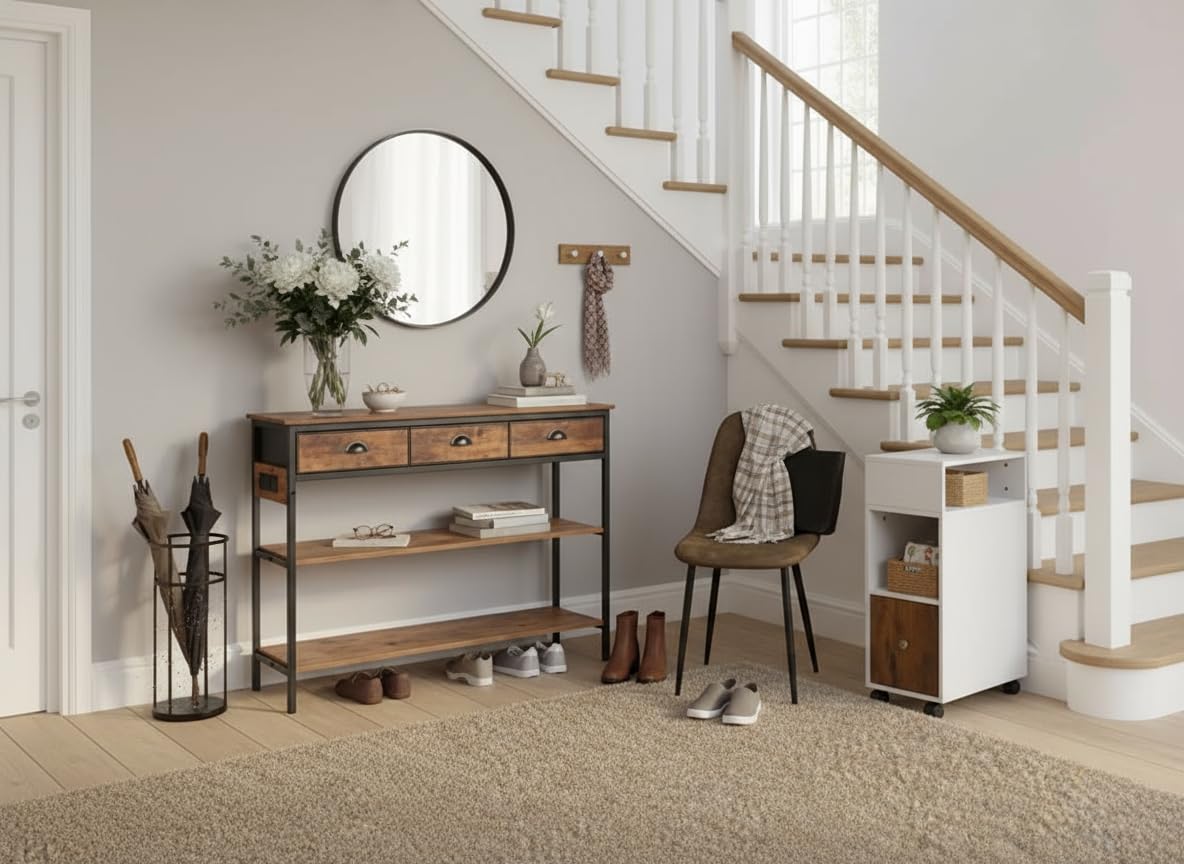 FurnitureR Modern Industrial Hallway Chest of Drawers with Power Outlet,180x30x80cm