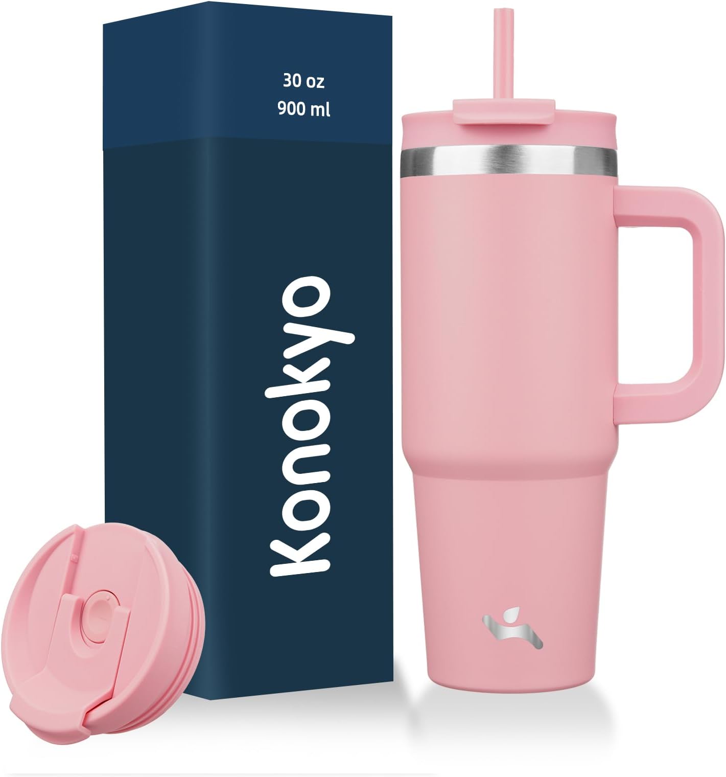 Konokyo 30 oz Tumbler with Handle and 2 Straws,2 in 1 Lid Insulated Water Bottle Stainless Steel Travel Coffee Mug,Pink