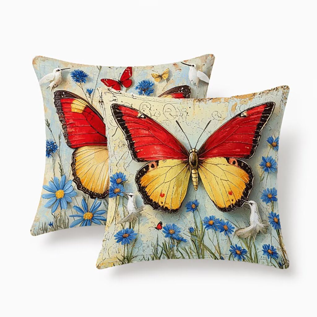 Housse coussin extérieur 55x55cm imperméable lot de 2 pour canapé lit motif papillon