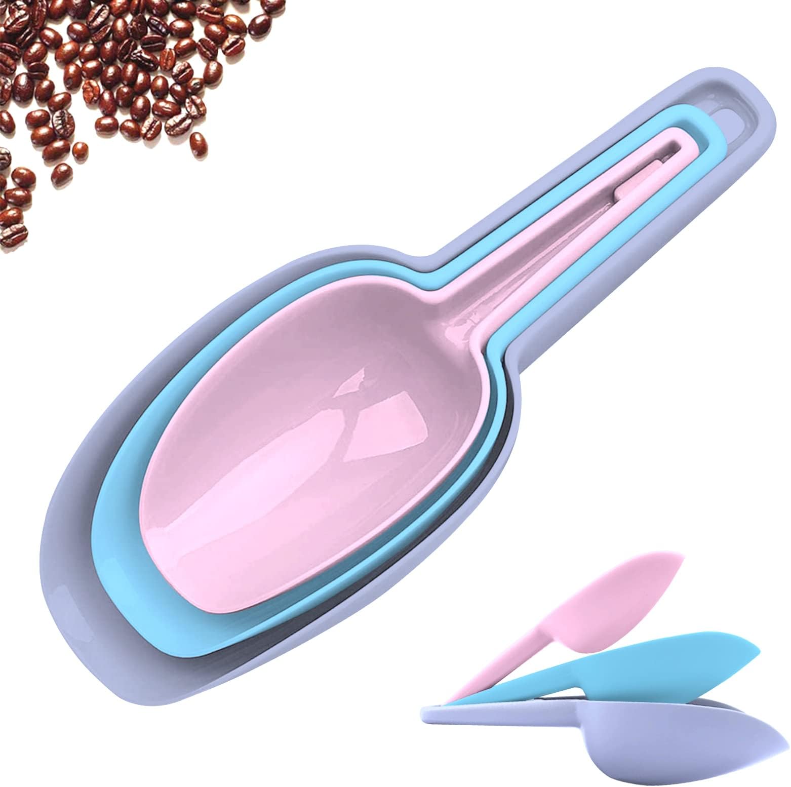3 in 1Ice Scoop Set, Multi Purpose Plastic Kitchen Scoops Canisters, Ice Scooper for Freezer, Rice, Canisters, Flour, Dry Foods, Candy, Pop Corn, Coffee Beans and Pet Food