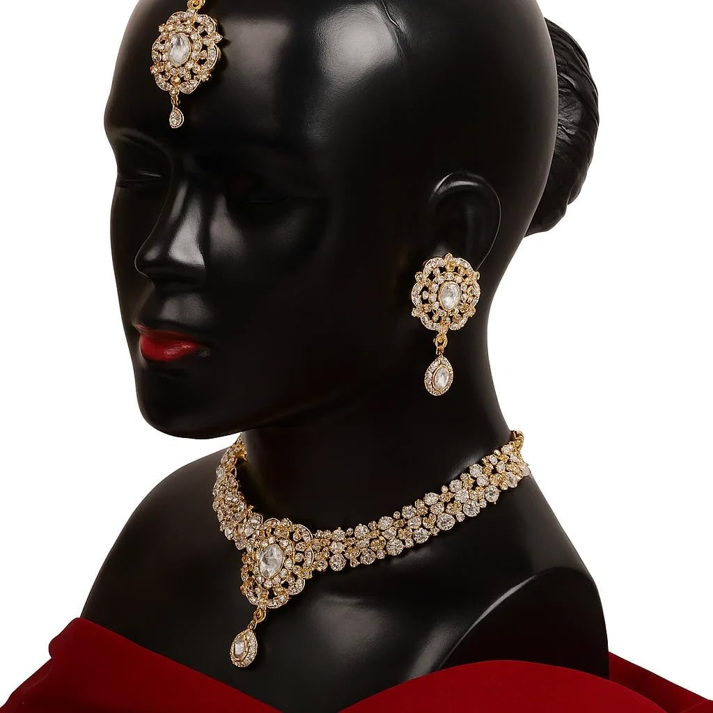 Touchstone Indian jewelry sets for women gold wedding tikka necklace set guest costume fancy bridal jewellery rhinestone crystal elegant formal prom evening wear dainty accessories
