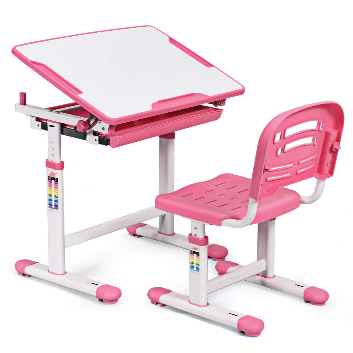 COSTWAY Scrivania per Bambini con Sedia, Tavolo Studio Regolabile in Altezza e Piano Inclinabile, Tavolo e Sedia Ergonomica in Materiali Sicuri per 3-14 Anni (Rosa)