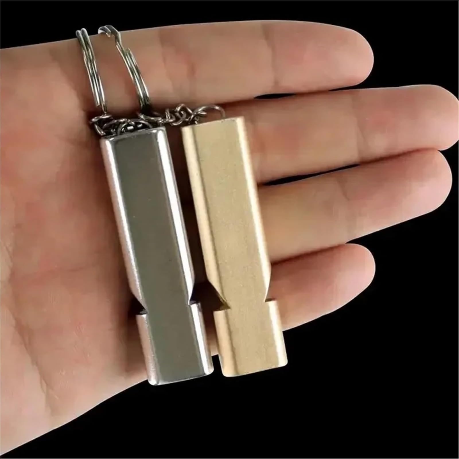 Silbato de supervivencia de emergencia, silbato de seguridad de alto decibelio, silbato de aluminio de doble tubo con llavero, silbato fuerte portátil para senderismo, camping, actividades al aire