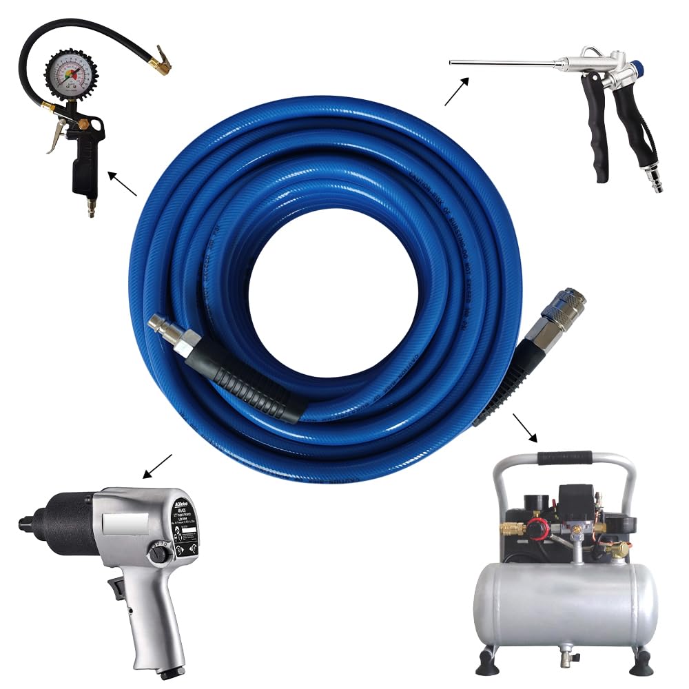 Tubo flessibile per compressore d'aria rinforzato in PVC da 3/8", blu con attacco rapido in acciaio europeo da 1/4" e raccordi a spina, lunghezza 15 m