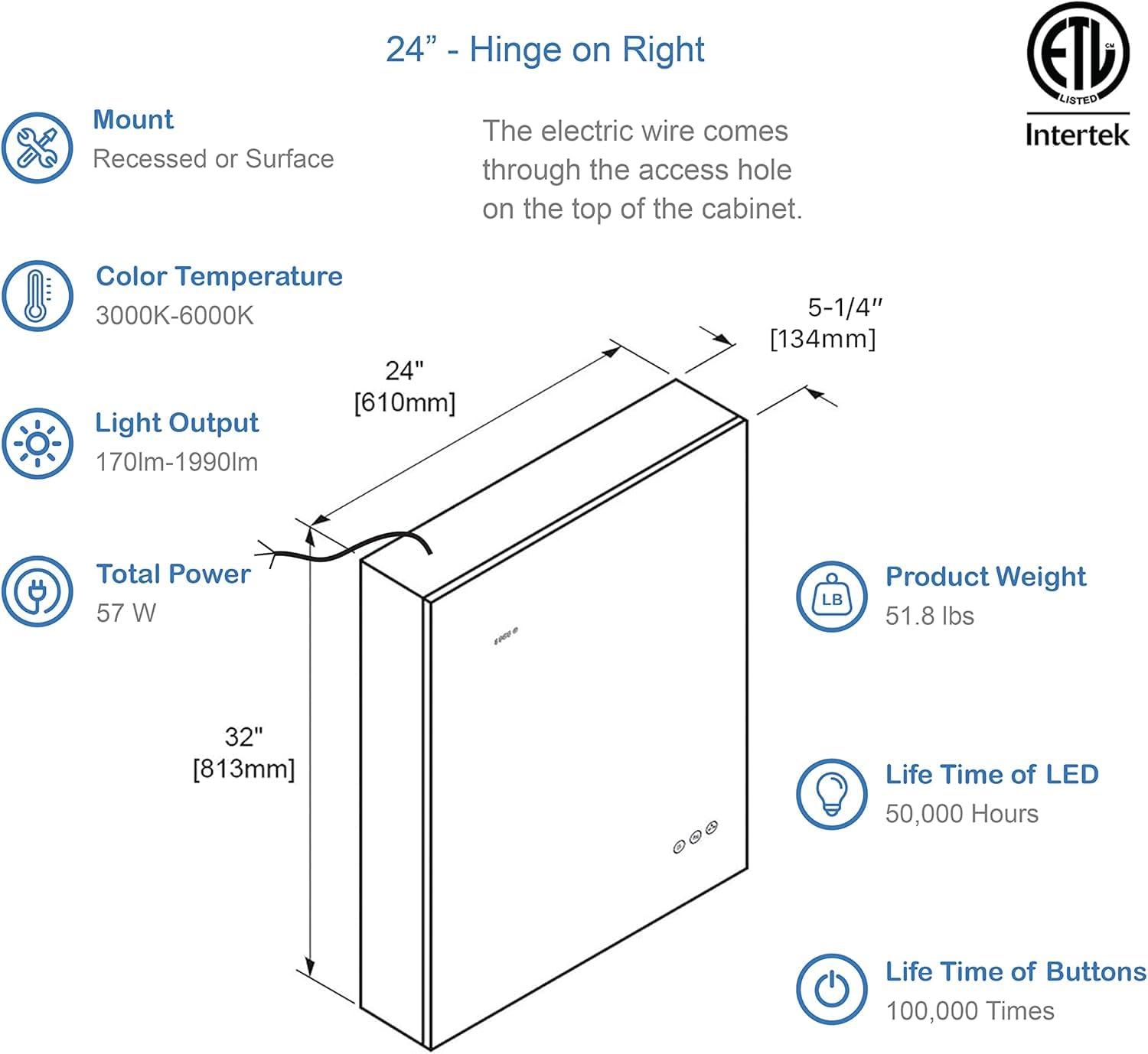 Blossom LED Lighted Mirror Medicine Cabinet, 24x32 Inch, Right Hinge | Recessed or Surface Bathroom LED Medicine Cabinet with Mirror, Defogger, 3 Color Dimmer | 3X Makeup Mirror, Outlets & USB Ports