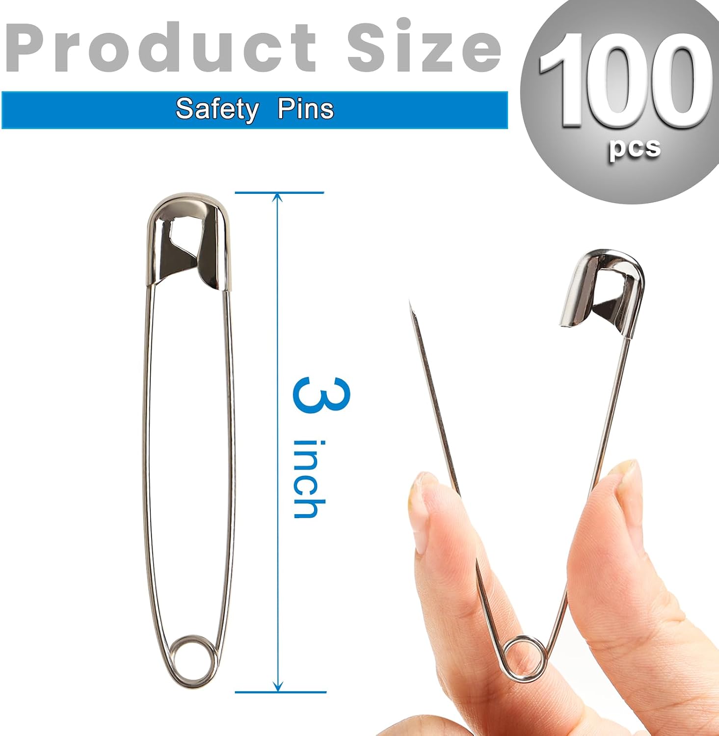 100 Pieces Large Safety Pins 3 Inch Metal Safety Pins Sliver Heavy Duty Safety Pin for Sewing, Baby Clothing, Diapers, Laundry, Decorations