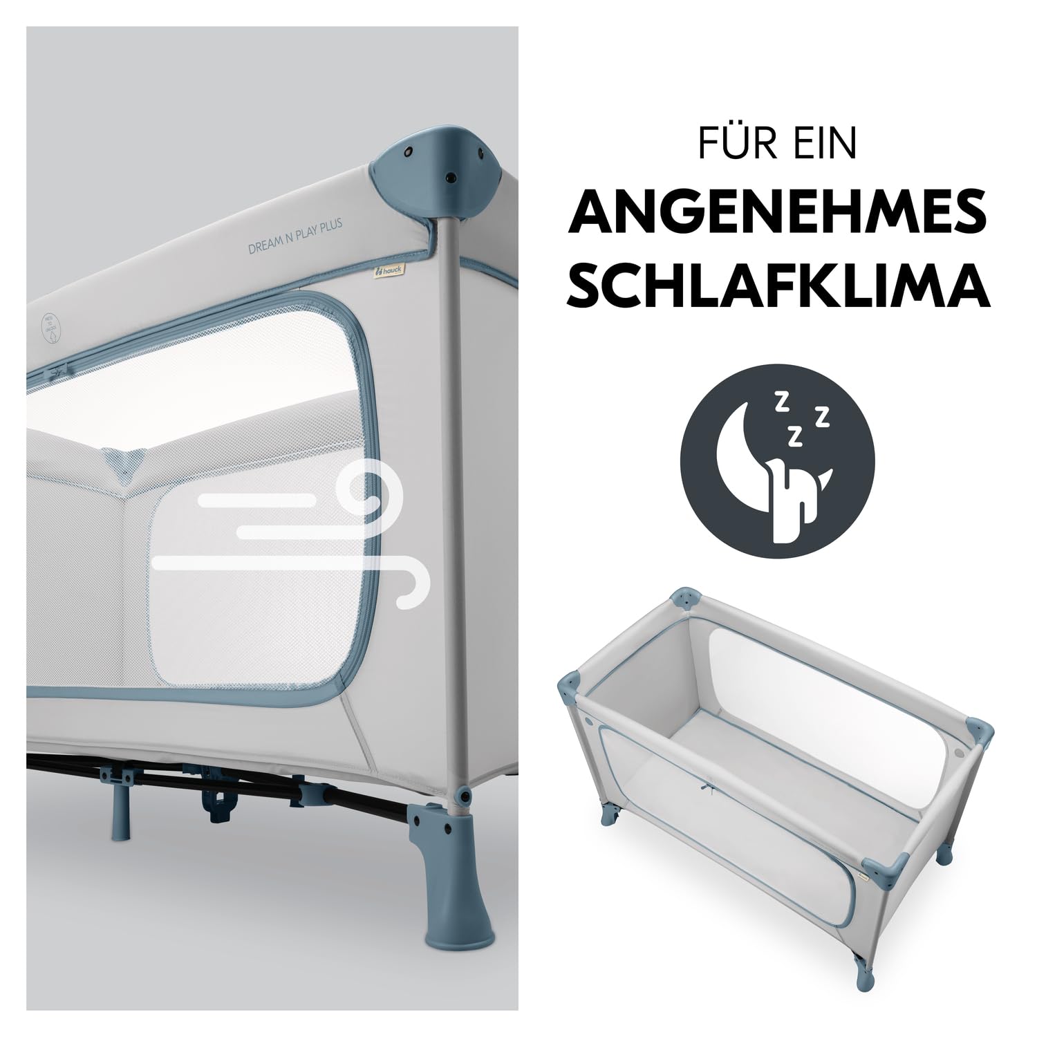 hauck Reisebett Baby mit XL Spielöffnung, Dream N Play Plus Dusty Blue | Klein zusammenklappbar mit Tragetasche ab Geburt bis 15 kg / 3 Jahre, 2in1 Kinderreisebett & Laufstall (ohne Matratze)