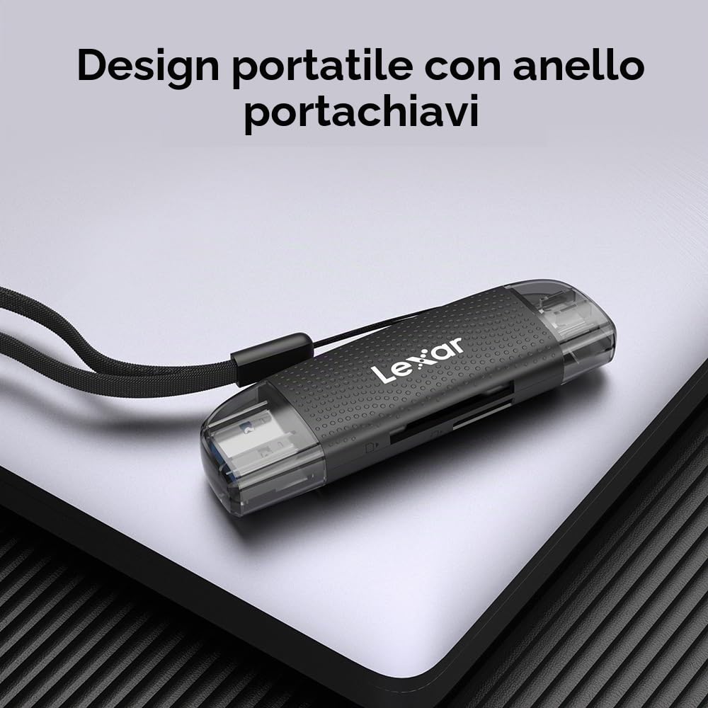 Lexar Lettore USB-A/C a doppio slot, velocità di trasferimento fino a 205 MB/s, supporta schede SD e microSD (LRW310X-BNBNG)