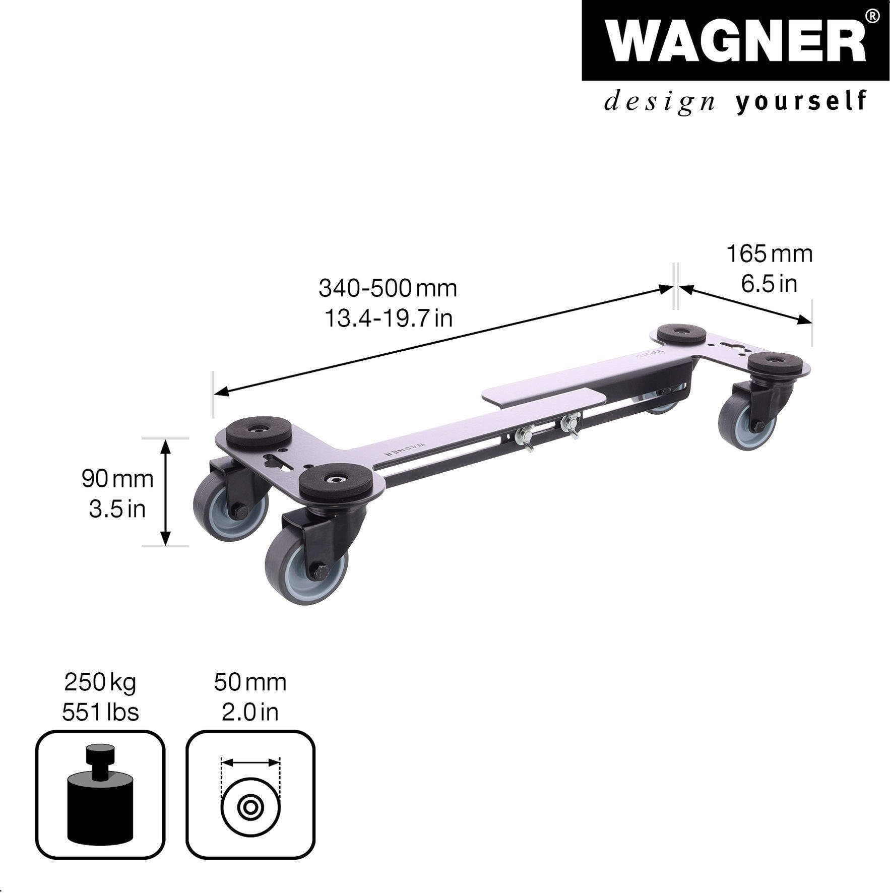 WAGNER Transportroller Transporthilfe 4120 I Industriestahl beschichtet I 35-50 x 16,5 x 9 cm, Tragkraft 250 kg I Möbelroller ausziehbare Ladefläche ! Umzugsroller mit Flexibler Anpassung, Rollbrett