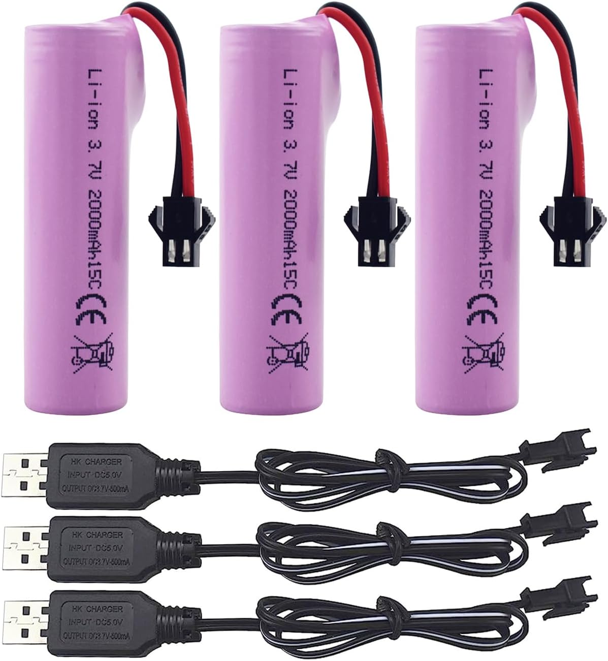 3PCS 3.7V 2000mAh SM-2P Plug Lithium Battery with USB Charging Cable Suitable for DE68 DE44 DE45W DE45 DE58 DE49 DE57 DE70 Off-Road Vehicle Truck Tank RC Toy Car Spare Batteries