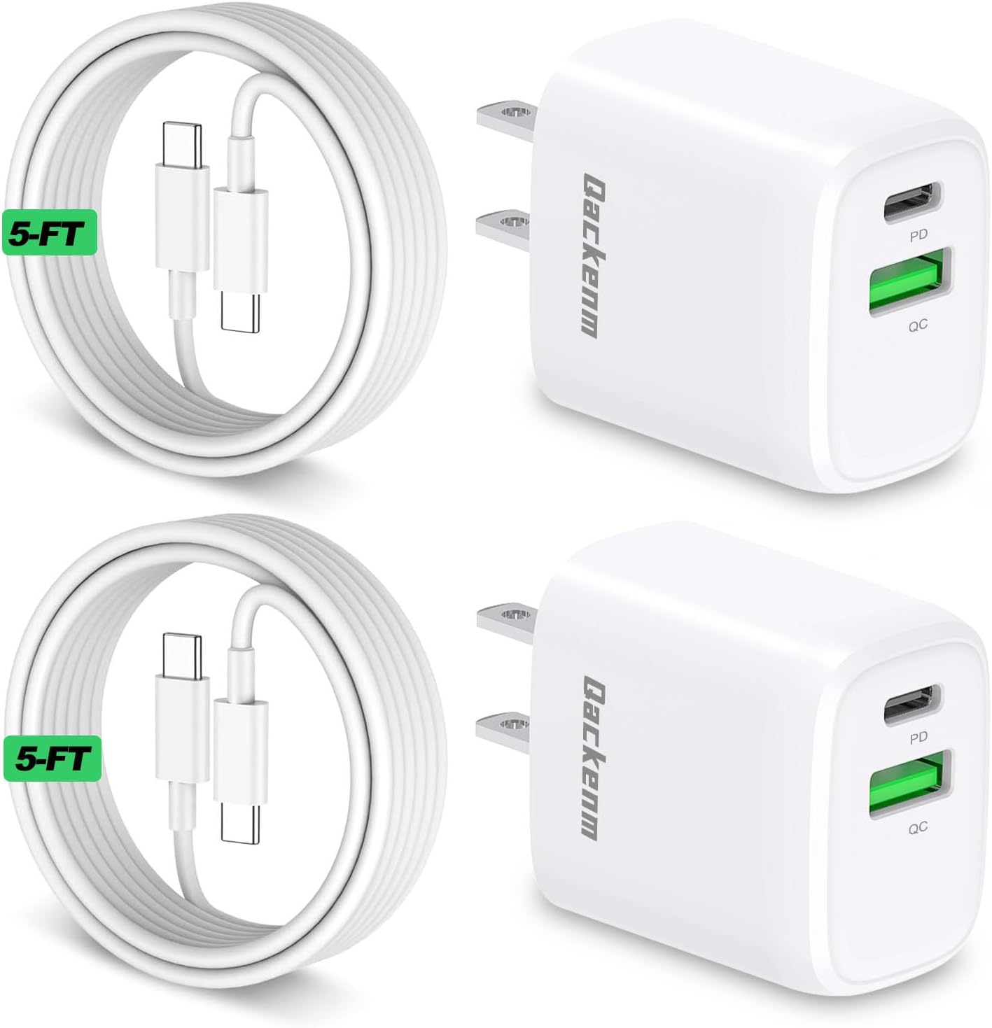 Qackenm iPhone 16 Charger, 2-Pack 20W Dual Port USB C Charger Block with 2-Pack 5FT Type C to C Cable, Type C Charging Block for iPhone 16/16 Pro/15/15 Pro/iPad Air/Mini (White)