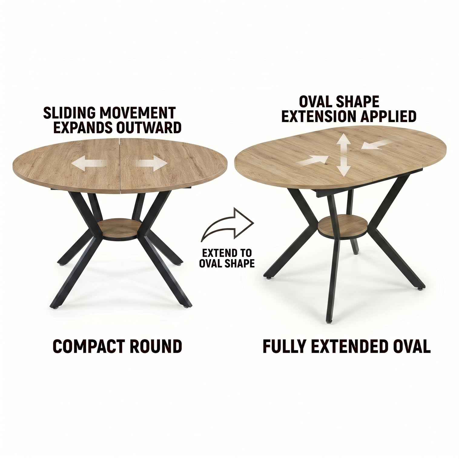 Tavolo da pranzo rotondo allungabile, 100-140 x 100 x 80 cm, robusto telaio in metallo a X, nero, tavolo da cucina con vano portaoggetti, tavolo da pranzo allungabile ovale per fino a 6 persone, per