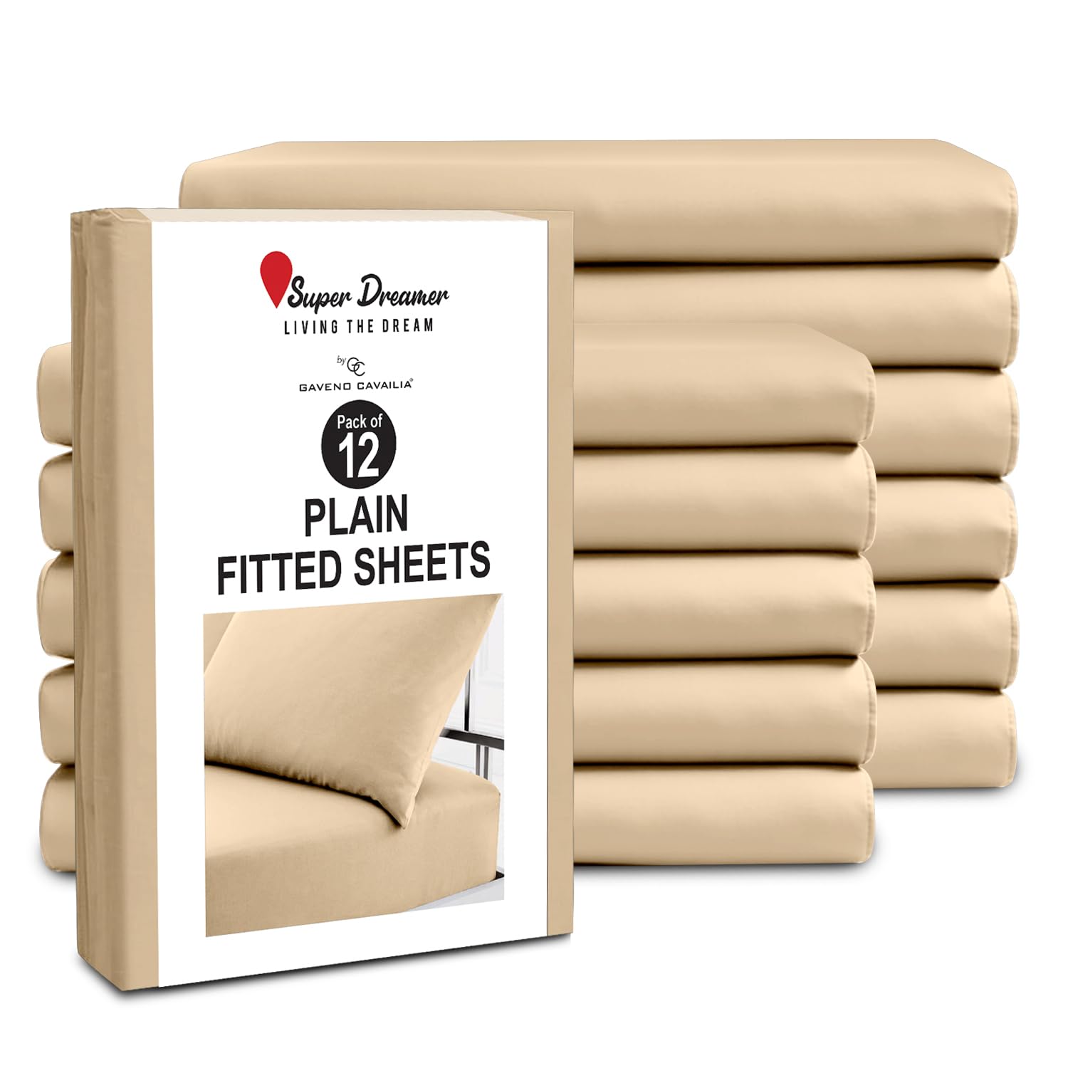 GC GAVENO CAVAILIA 12 Piece Fitted Sheets - Single Bed (91x190cm) - Bedding Sheets - Plain Dyed Microfiber Bedsheet Pack of 12-25cm Deep Pocket (10") - Easy Care Wrinkle & Fade Resistant - Beige