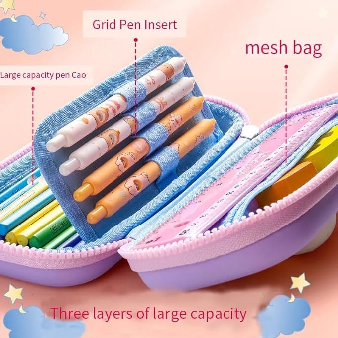 Image of Ethylene Vinyl Acetate (Eva) 3D Rabbit Pencil Box With Cute Rabbit Squishy For Boys For Girls And Kids For School 3D Embossed Pencil Zipper Pouch Storage Box Pencil Case (Purple)