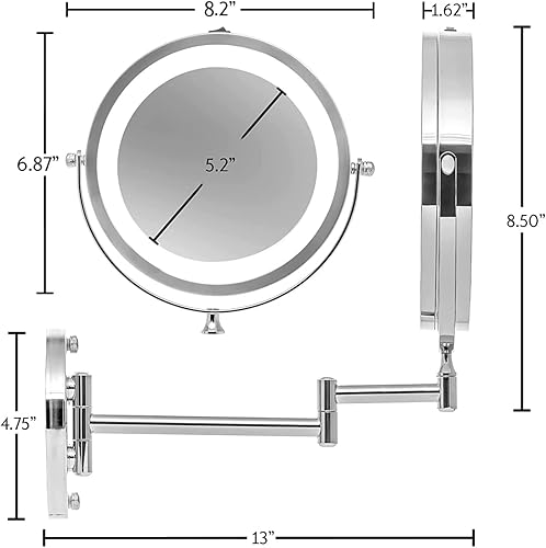 Vista 95 de Ovente serie MFW70 - Espejo de maquillaje con luz LED para montaje en pared Níquel cepillado