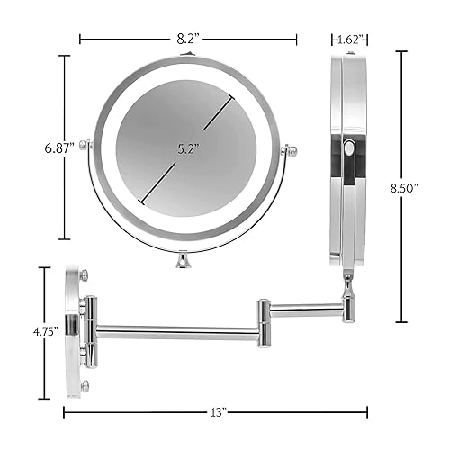 Miniatura 12 de OVENTE Espejo de maquillaje iluminado de 6.8 pulgadas, lupa 1X y 7X, LED redondo ajustable de doble cara, extensible, brazo retráctil y plegable,