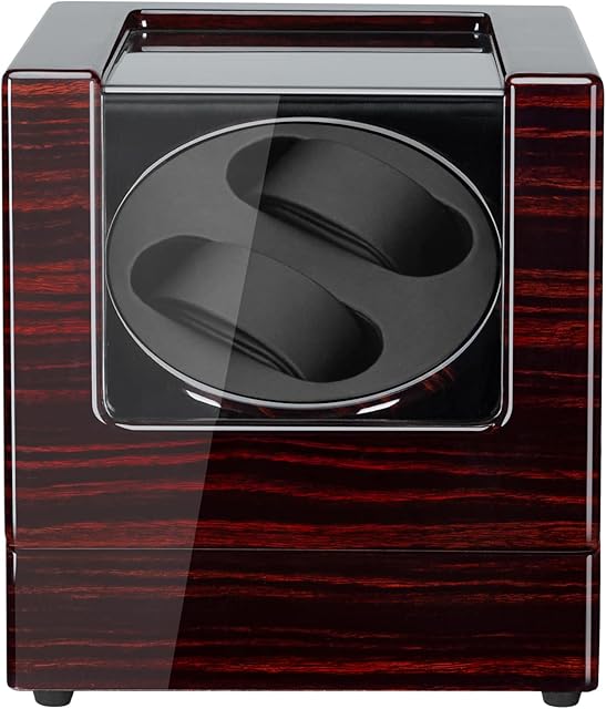 POUILLA Piano Finish Ebony Wooden Automatic Double Watch Winder Cover-Open Auto Stop Function with Quiet Mabuchi Motor