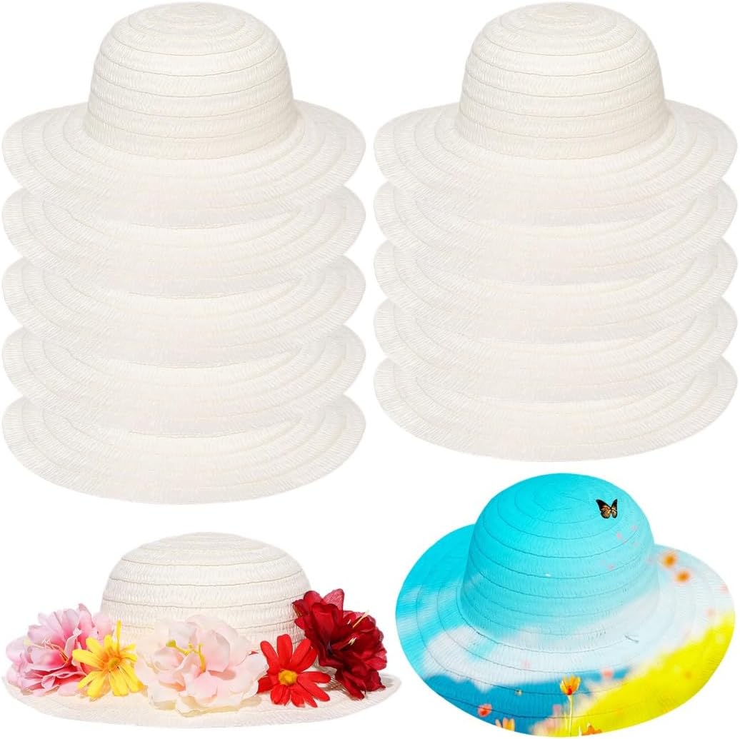 10 Diy Straw Hats With 60 Silk Flowers, Creative Tea Party Hats, Cowboy Family Dress Up Hats With Artificial Floral Accents
