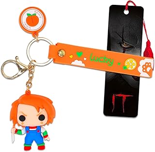 WARNER BROS PICTURES Chucky Keychain Bundle - Deluxe Silicone 3D Character Figure Child's Play Keyring with Strap, Charm Plus Bookmark | Horror Movie Chucky Key Ring for Backpack