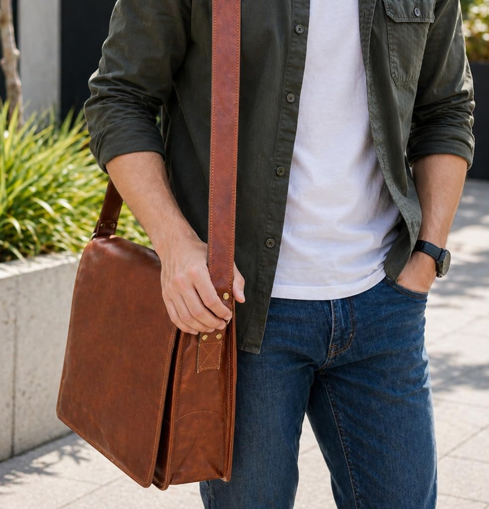 american blue Leather Messenger Bag Full Flap Laptop Briefcase Crossbody Satchel Shoulder Handmade Genuine Bag