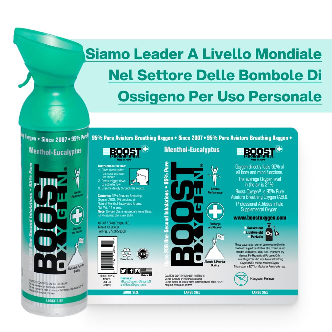 Boost Oxygen Eucalipto 9L (8 Pack) | Bomboletta di Ossigeno Puro al 95% Portatile per Recupero, Concentrazione e Energia