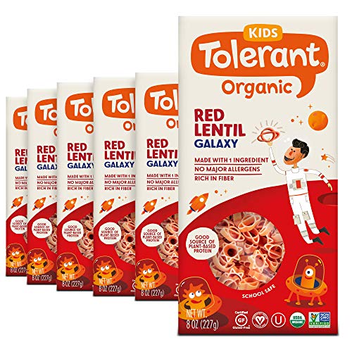 Tolerant Organic Kids Red Lentil Galaxy Pasta, 8 Ounce Box (Case of 6), Single Ingredient Plant-Based Protein Pasta, Vegan Pasta, Gluten Free Pasta, School Safe, Low Glycemic Index Pasta