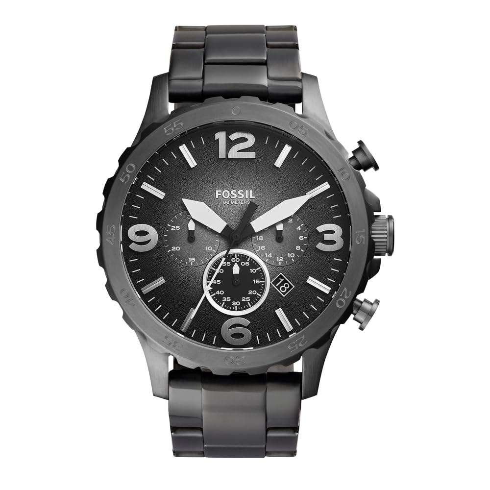 Fossil Herren Nate Graue Edelstahl Uhr und Bronson Silberfarbener Armband, Set
