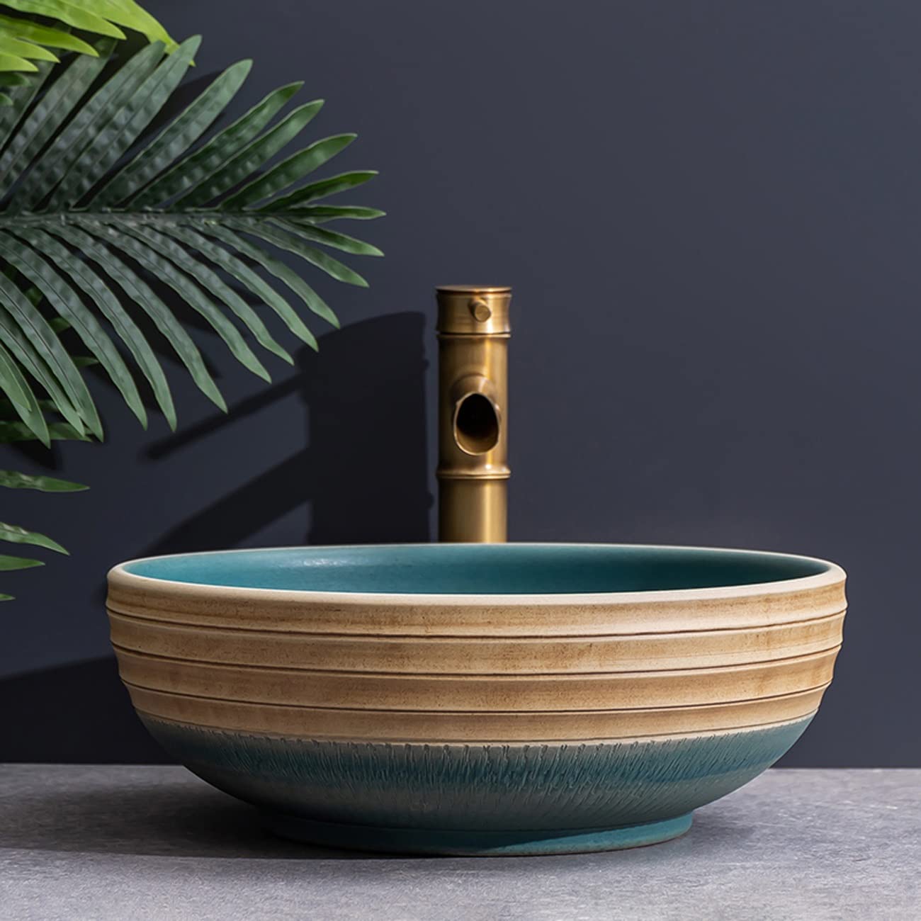 Umywalka Nablatowa, Porcelanowa, Ceramiczna, Z Baterią Bambusową I Odpływem Automatycznym
