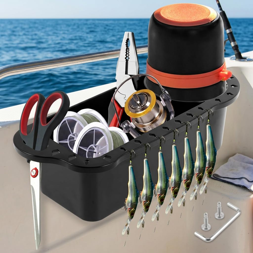 Marine Cup Holder & Boat Caddy Organizer, Multi-Functional Water Bottle Holder with Tool Storage, Large Capacity Boat Storage Box for Fishing Gear, Phone & Bait, Includes Suction Cups & Screws