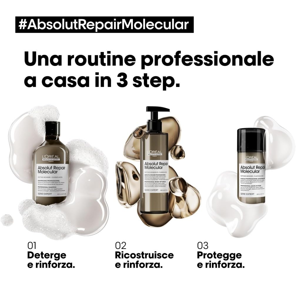 L’Oréal Professionnel Routine con Shampoo e Conditioner Liquido, Per Tutti i Tipi di Capelli Danneggiati, Ripara i Danni e Ripristina la Forza, Senza Solfati, Absolut Repair Molecular, SERIE EXPERT