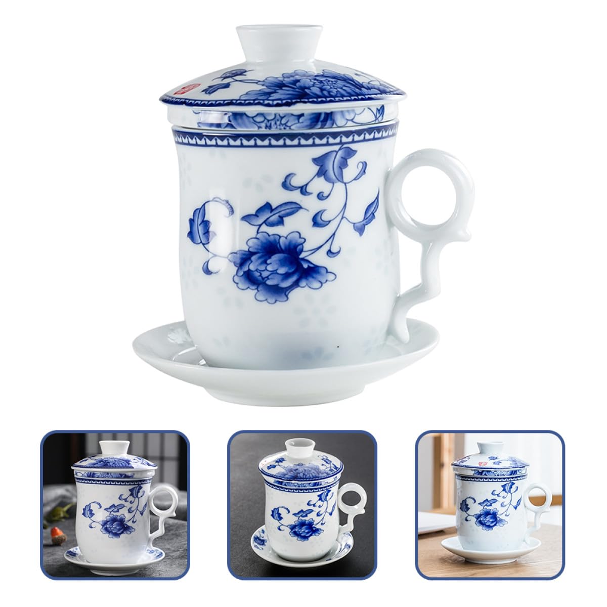 Abaodam Juego de Taza de Té Tradicional China de Cerámica Tapa y Filtro, Set de 4 Piezas Adecuado para Hotel y Restaurante