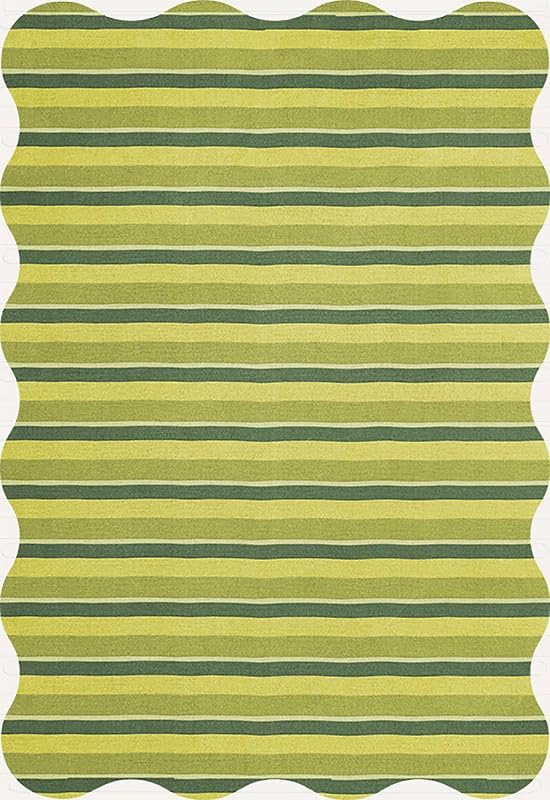 Image of Hand-Tufted Wool Runner Rug - 2.5x9 Ft, Lime and Olive Green Striped Design with Elegant Scalloped Edges, Soft Plush Handmade Wool Carpet for Hallway, Entryway, Living Room & Bedroom Decor