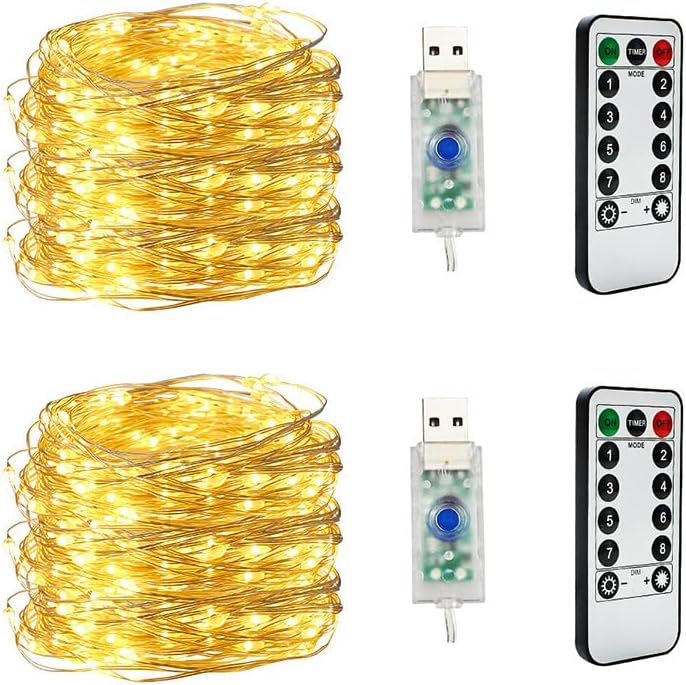 WEYSH2 Pack Fairy String Lights 20M/66FT with 8 Lighting Mode &Remote Control, USB Powered Waterproof Copper Wire Starry String Lights for Room, Garden Party, Wedding, Seasonal Decoration