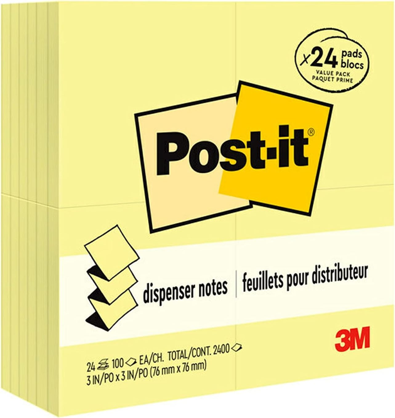 Post-itDispenser Pop-up Notes, 3x3 in, 24 Pads, Canary Yellow, Clean Removal, Recyclable