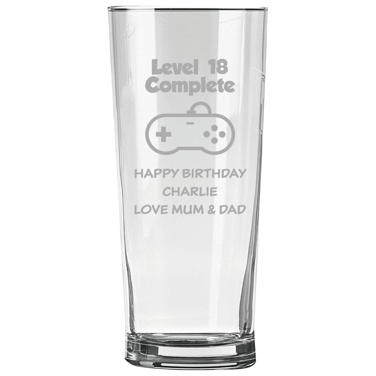 Personalised Engraved Pint Glass - 18th Birthday Gift, 18 Beer with Level 18 Complete Controller Gaming