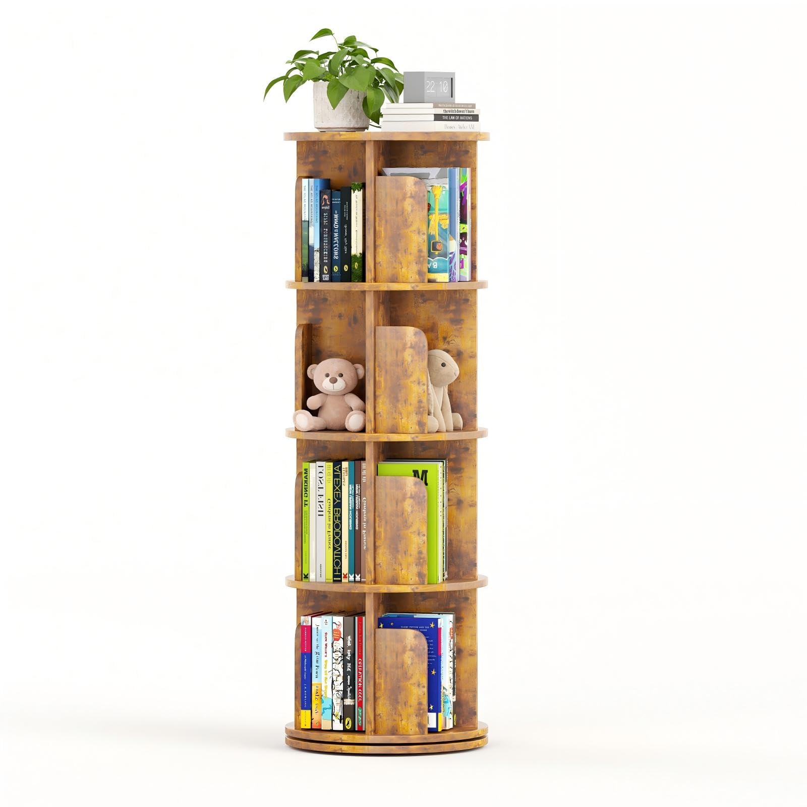 WEMANER 4-tier Rotating Kids Bookshelf, Wooden 360° Small Corner Revolving Spinning Bookcase, Storage Shelves for Bedroom Living Room Reading Room Study Home Office, Rustic Brown