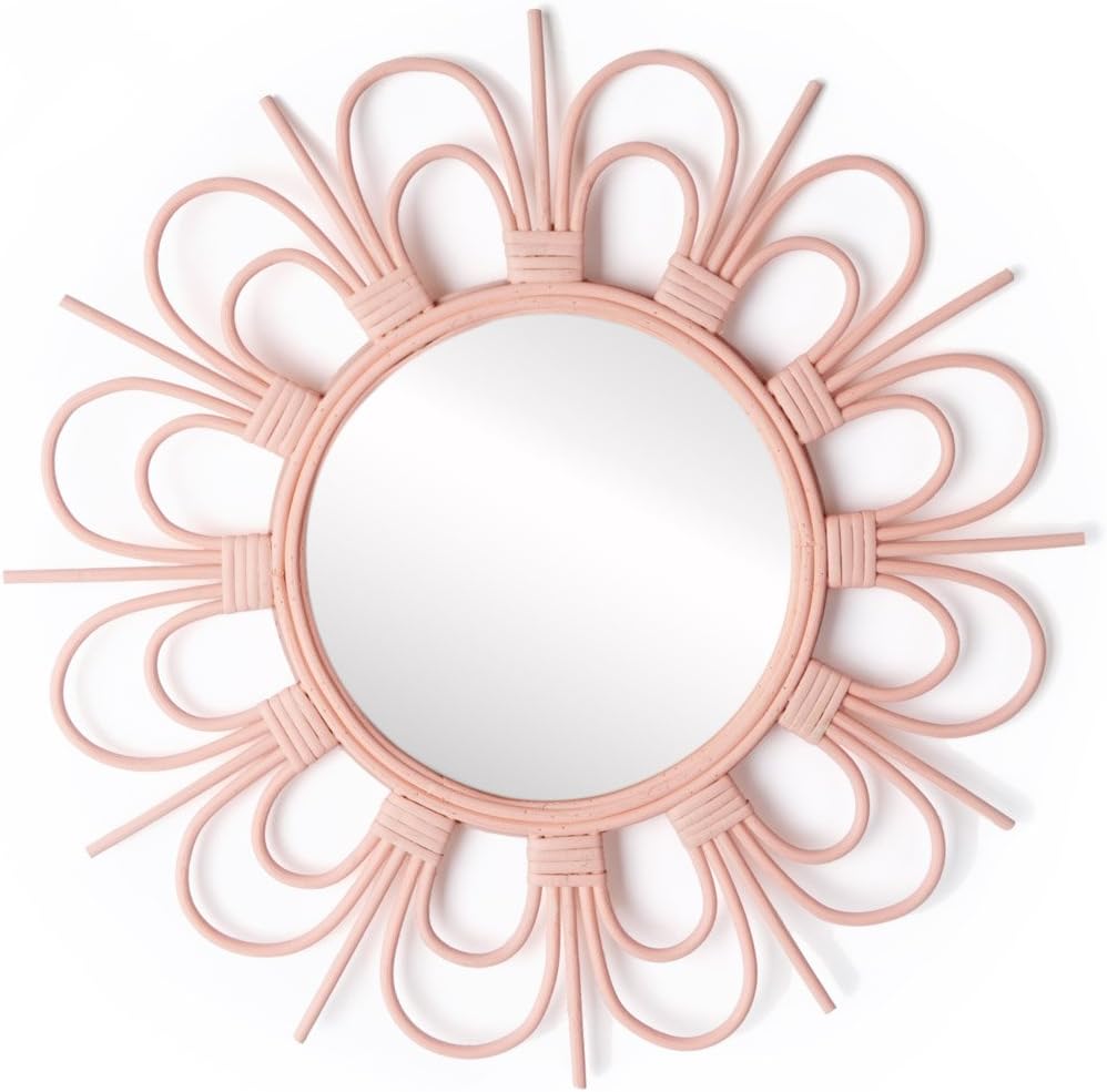 Black Velvet Studio Round decorative Mirror, natural rattan, boho chic, nordic style, for hallway or bathroom, rattan, pink color, 43x43x2 cm.