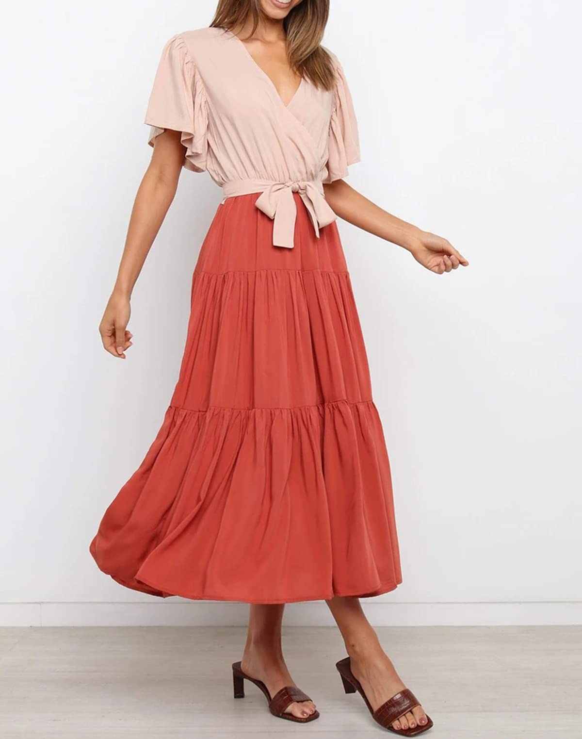 R.Vivimos Summer Dress for Women Cotton Ruffle Short Sleeves V Neck Casual Flowy Midi Dress with Belt