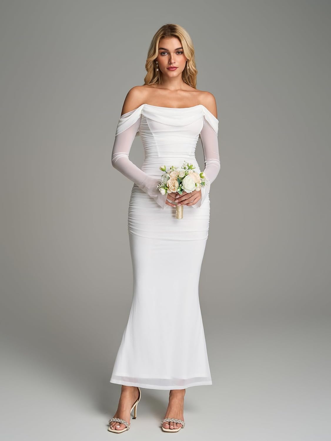 KUTUMAI Off Shoulder Long Sleeve Maxi Dress Corset Bodycon Ruched Cocktail Formal Wedding Guest Dresses for Women - Image 2