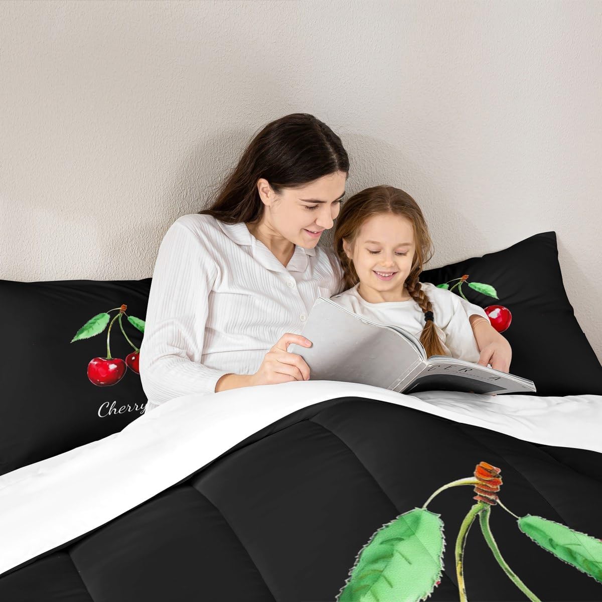 Homewish Cherry Comforter Set Queen Size,Tropical Fruit Bedding Set 3pcs for Kids Teens Adult Room Decor, Solid Black Background Quilt Set Concise Vintage Duvet Insert with 2 Pillowcases
